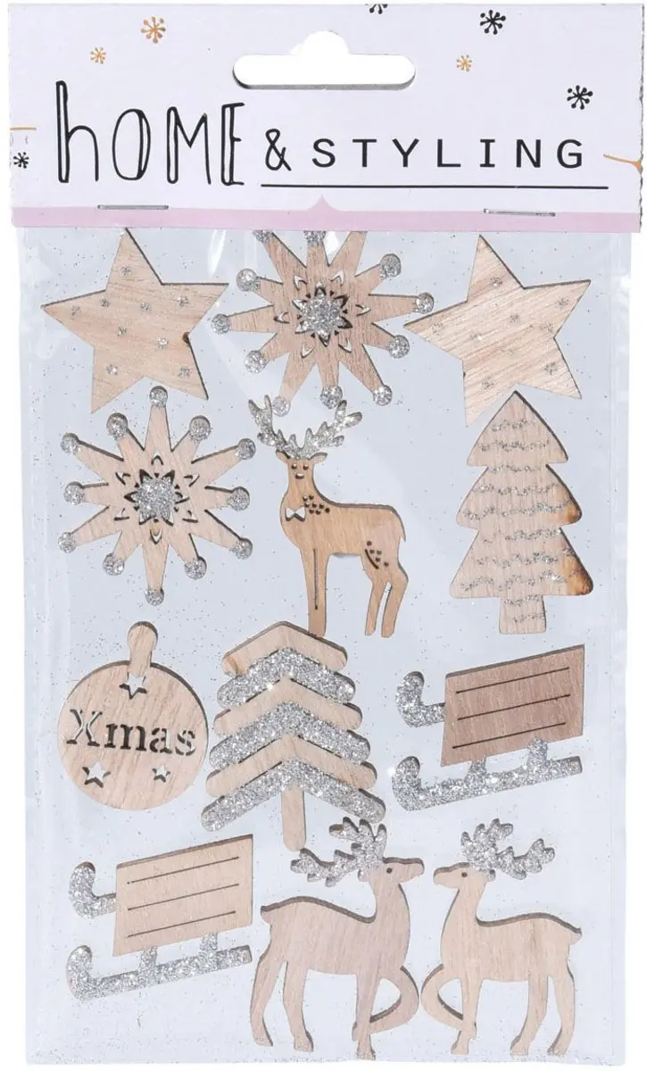 Houten Kerst Stickers met Glitters, 12st.