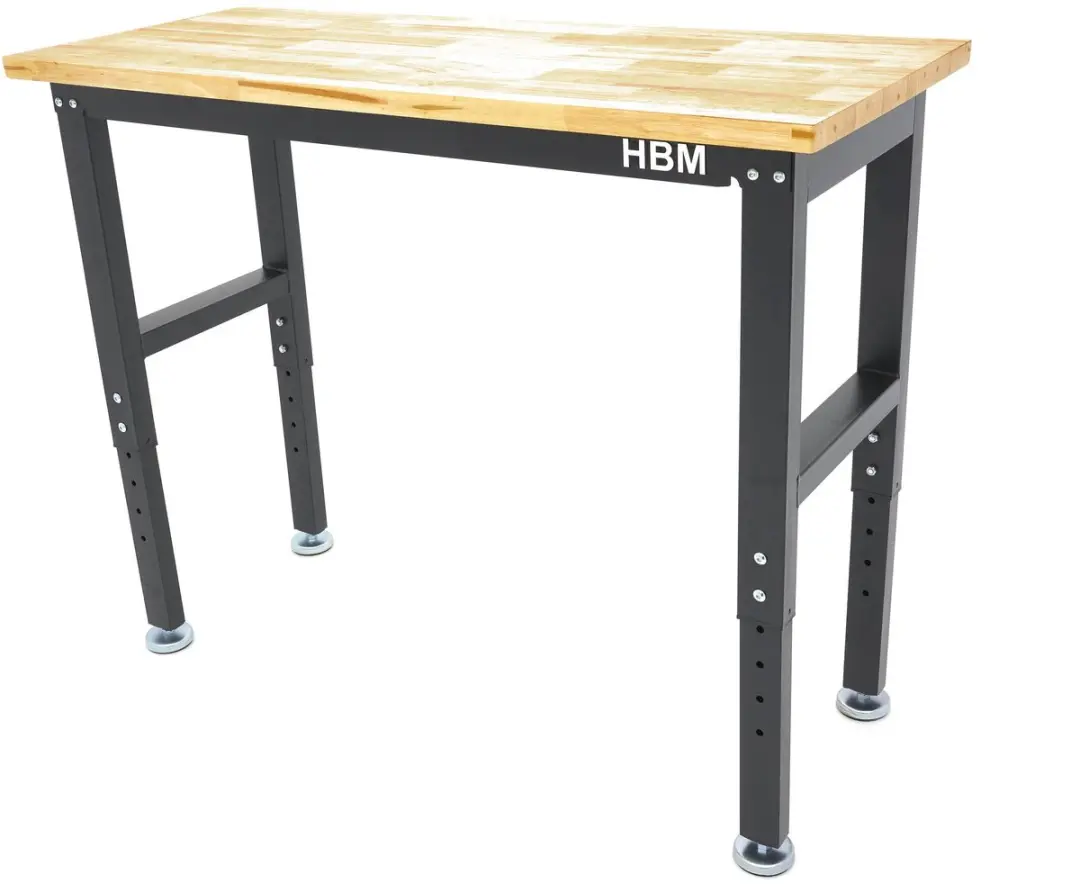 HBM werkbank met massief houten blad, in hoogte verstelbaar, 122 cm