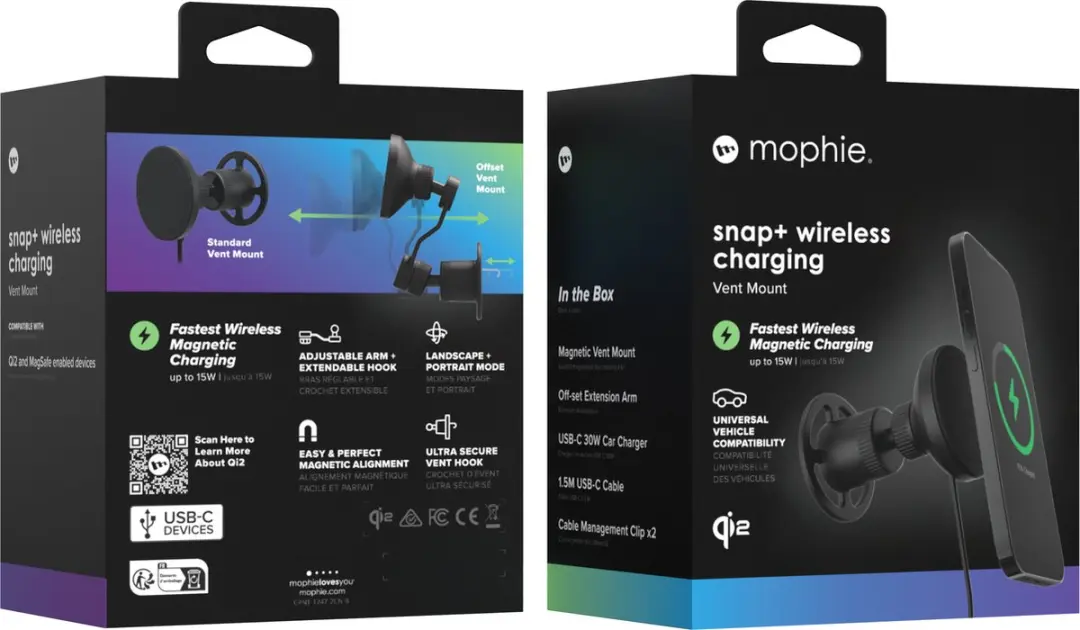 mophie Snap+ Qi2 401313369 Telefoonhouder Auto - 15W MagSafe - 30W USB-C Autolader - Zwart