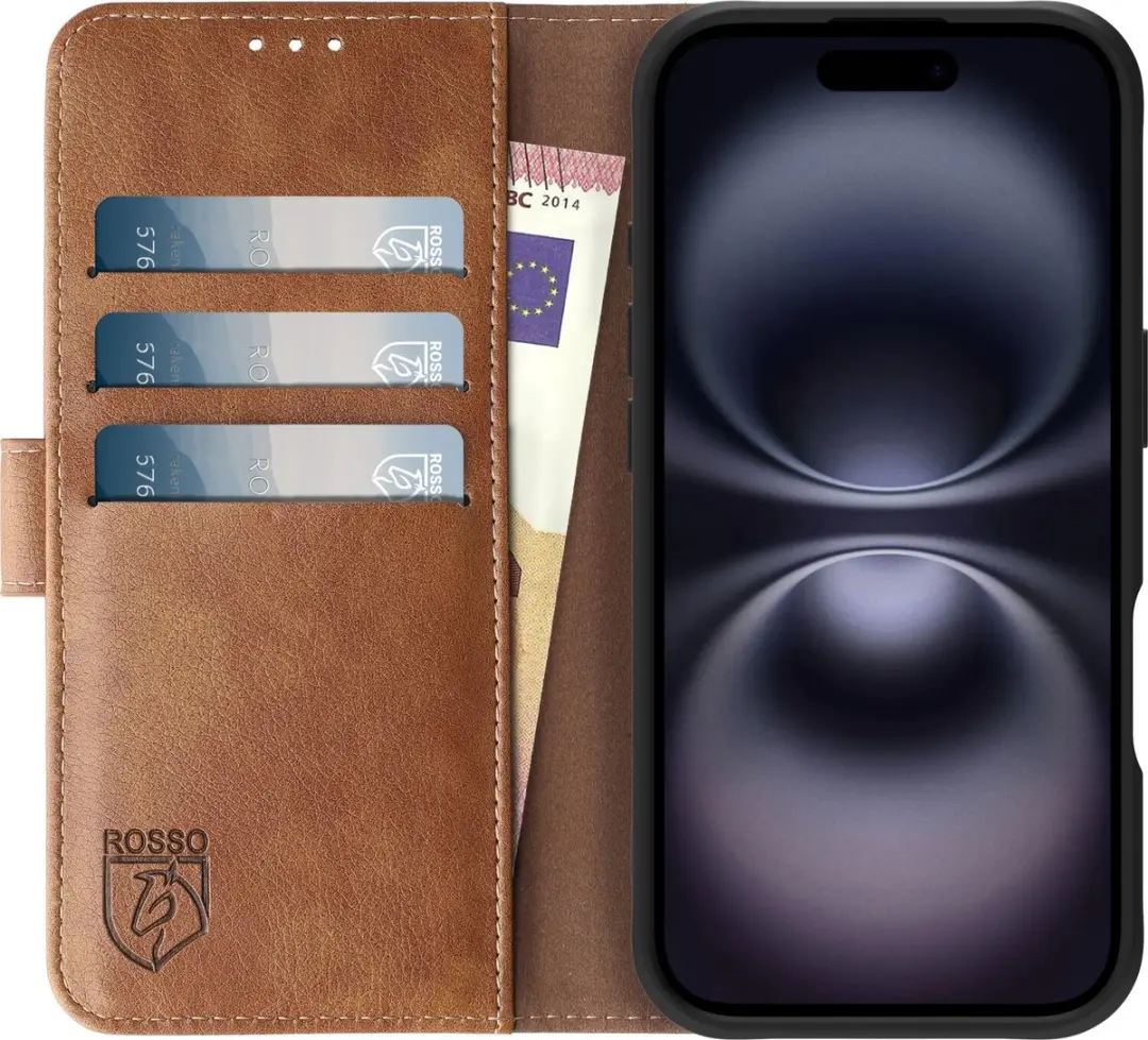 Rosso Element Wallet Book Case iPhone 16 - 3 Pasjes - Bruin - afbeelding 6 van 6