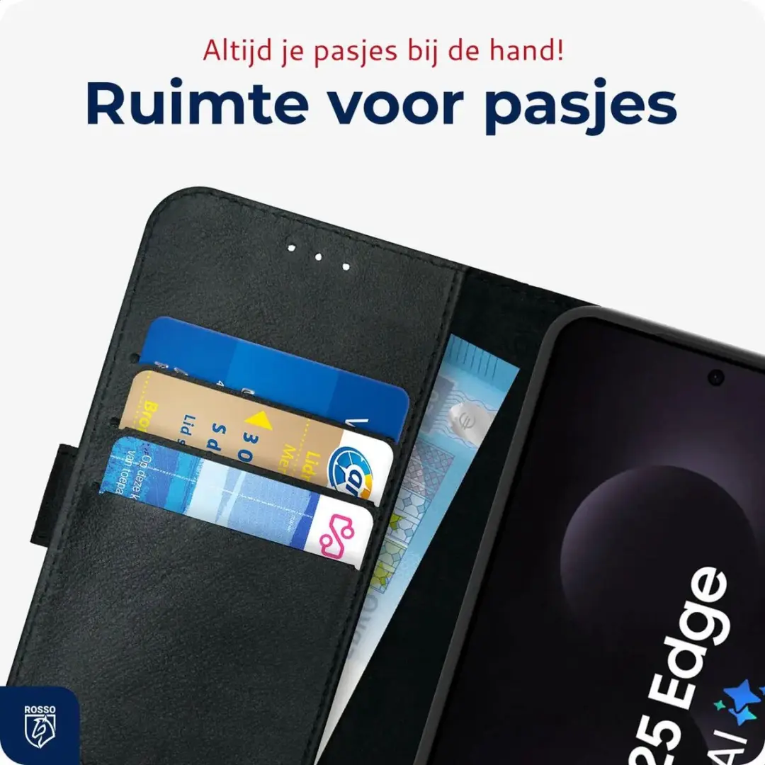 Rosso Deluxe Echt Leer Hoesje Samsung Galaxy S25 Edge - 3 Pasjes - Zwart
