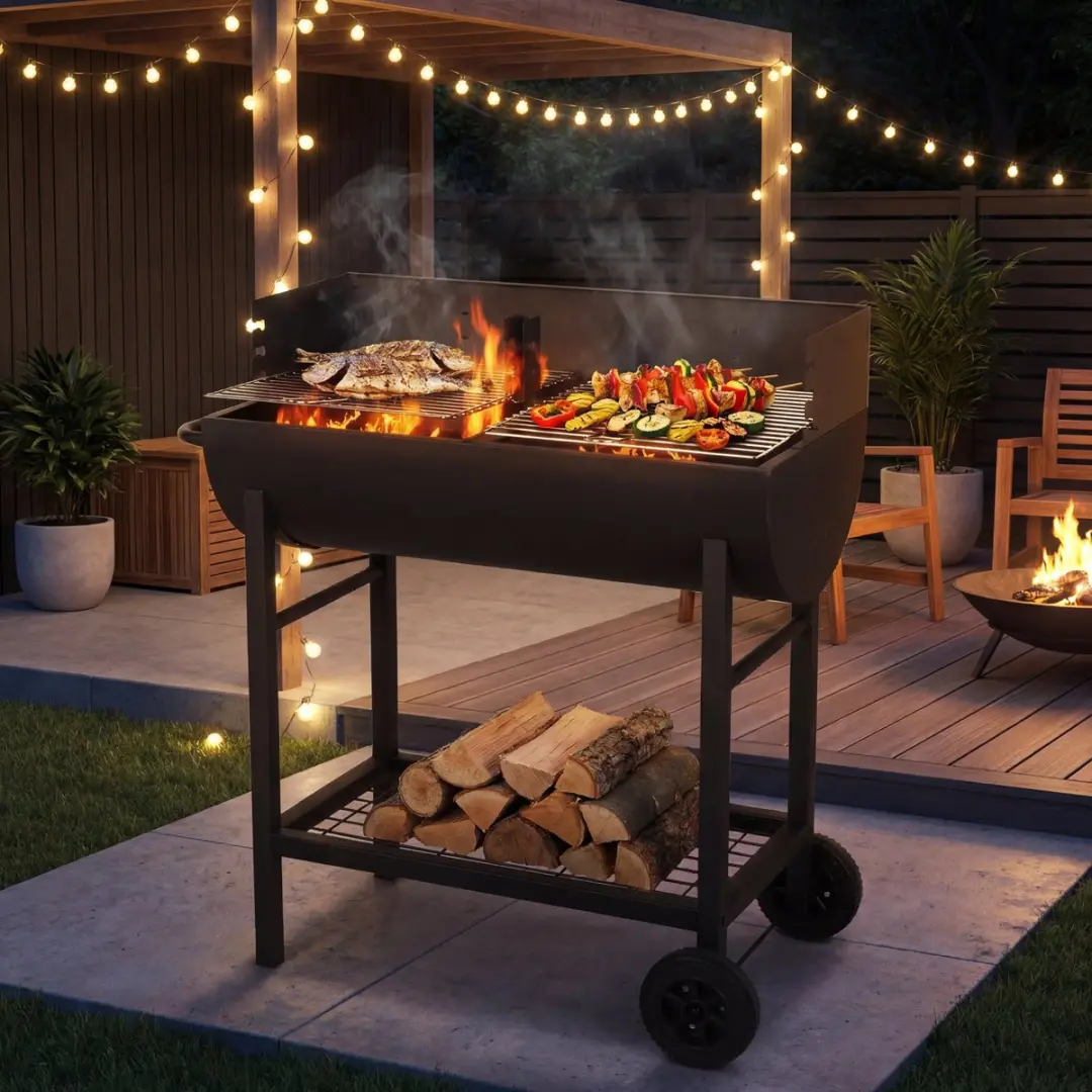 Houtskoolbarbecue ELITE met wielen en zijtafel
