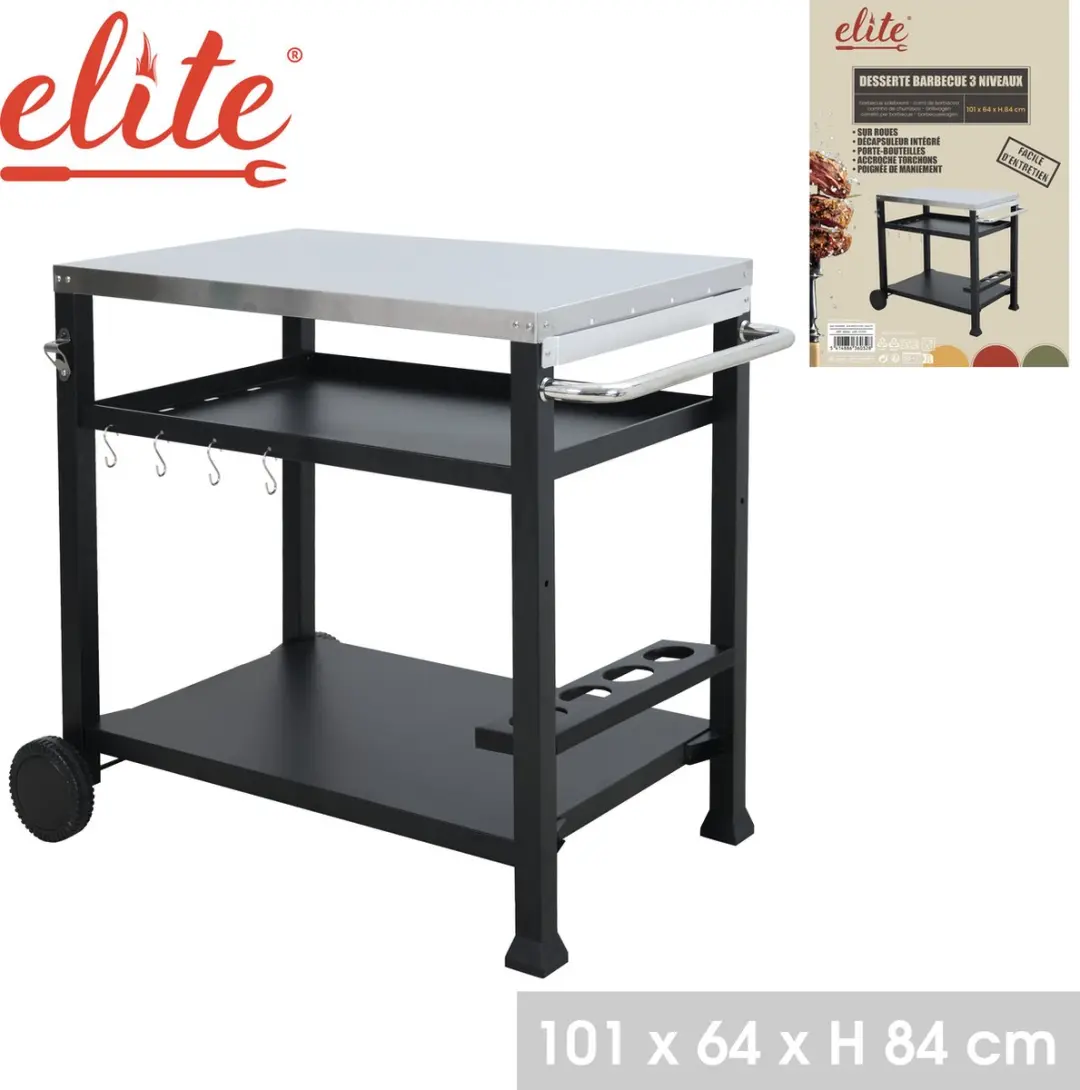 “ELITE” BBQ-dressoir met 3 niveaus van staal en 2 wielen