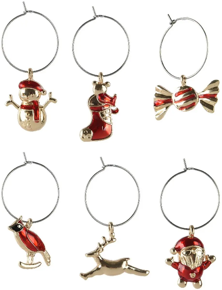 Kaemingk wijnglasmarkeerders kerst 6 motieven rood/goud