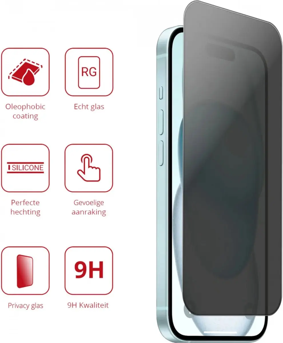 Rosso Privacy Screen Protector iPhone 15 - 9H Gehard Glas - afbeelding 6 van 6