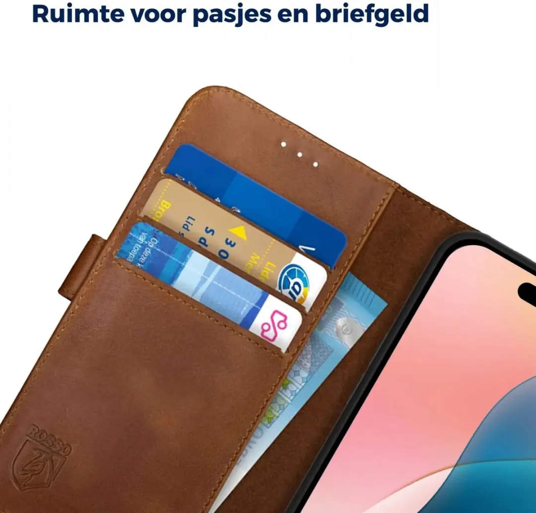 Rosso Deluxe Echt Leer Hoesje iPhone 16 Plus - 3 Pasjes - Bruin
