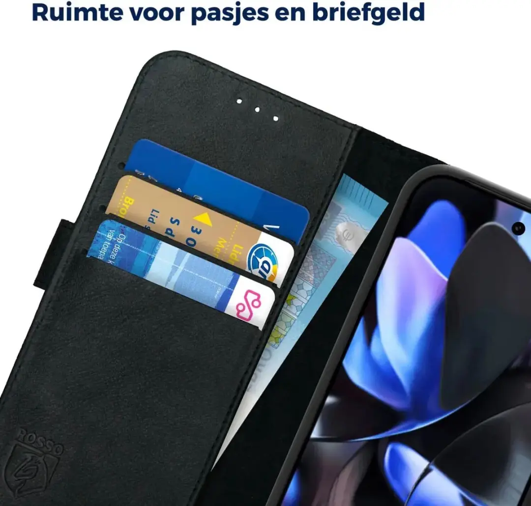 Rosso Deluxe Echt Leer Hoesje Pixel 9a - 3 Pasjes - Zwart
