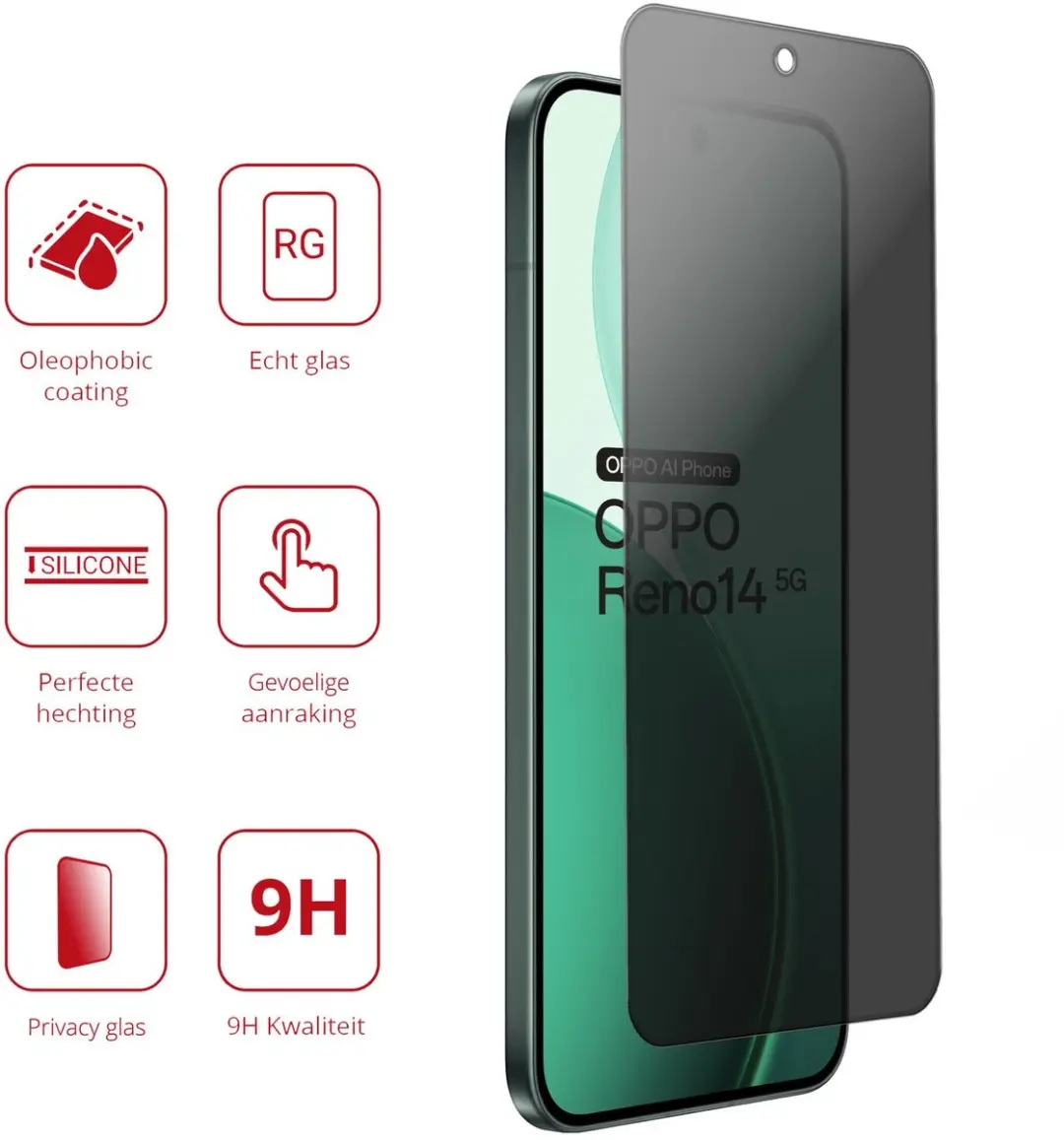 Rosso Privacy Screen Protector Oppo Reno 14 Pro - 9H Glas - Case Friendly