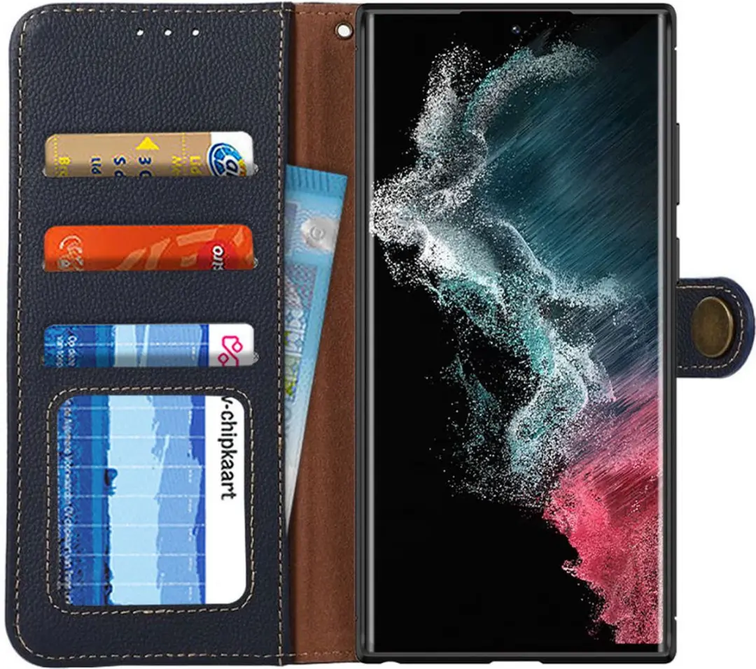 KHAZNEH Hoesje RFID Book Case Echt Leer Blauw Geschikt voor Samsung Galaxy S22 U