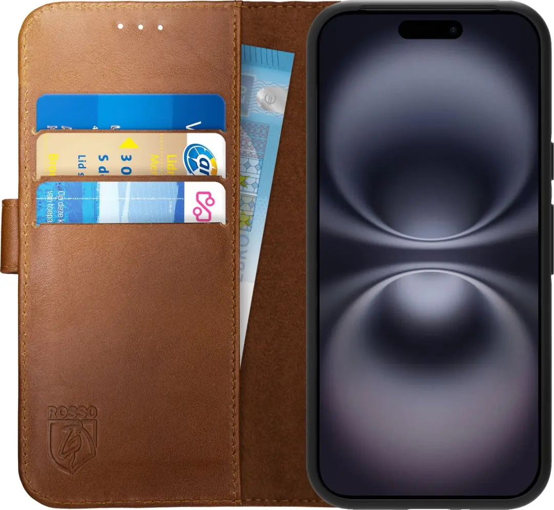 Rosso Deluxe Echt Leer Hoesje iPhone 16 - 3 Pasjes - Bruin