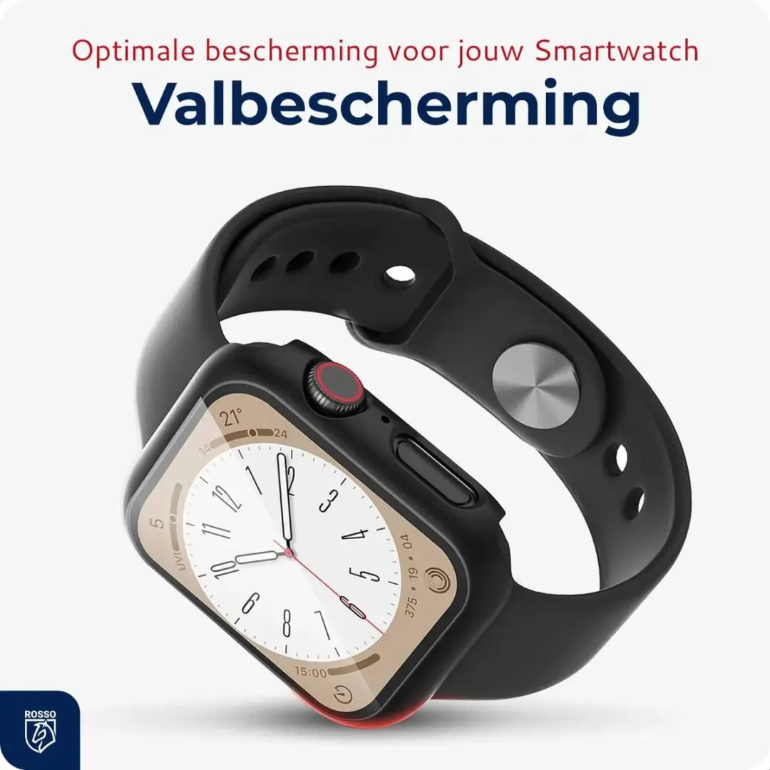 Rosso Tempered Glass voor Apple Watch 45mm - Full Protect - Zwart