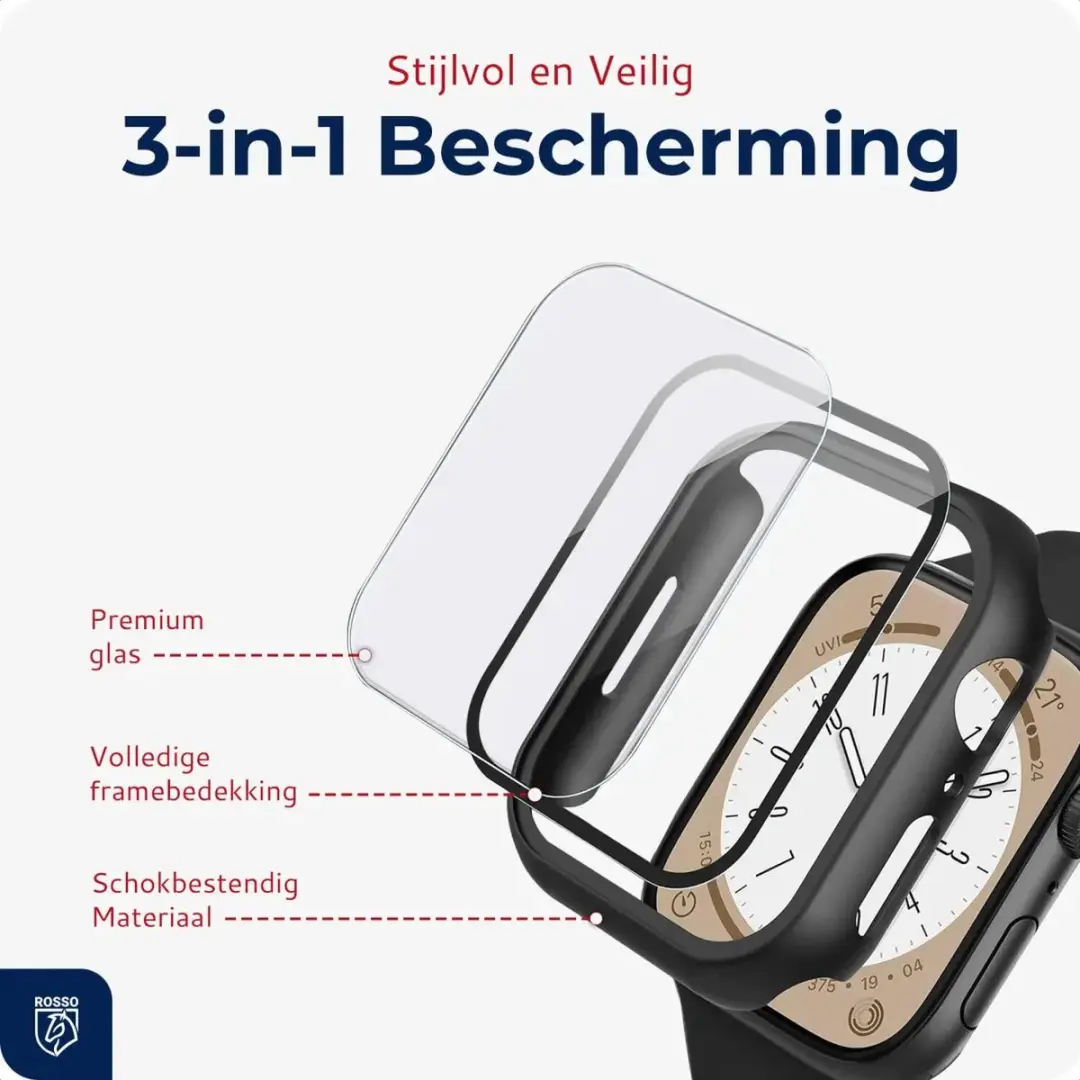 Rosso Tempered Glass voor Apple Watch 45mm - Full Protect - Zwart