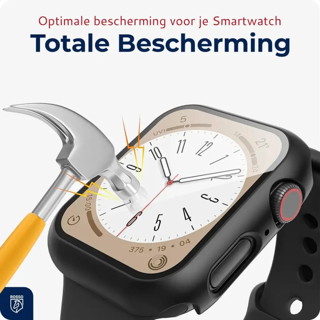 Rosso Tempered Glass voor Apple Watch 45mm - Full Protect - Zwart