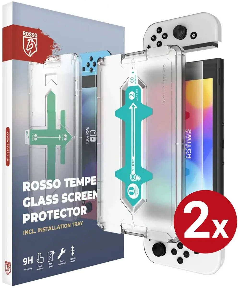 Rosso Screenprotector Nintendo Switch OLED 2-Pack - 9H Tempered Glas - Transparant/Wit