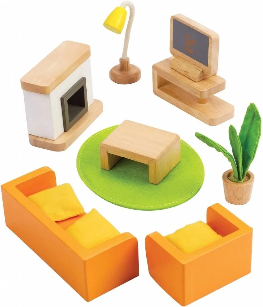 Hape Wohnzimmer Poppenhuismeubels - 7 Stuks - 1 Pop - Veelkleurig - afbeelding 3 van 8