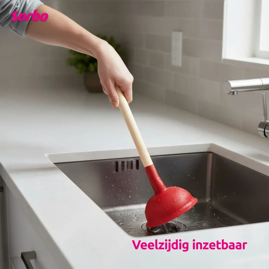 Sorbo Gootsteen Ontstopper - Rubberen Zuignap Houten Steel