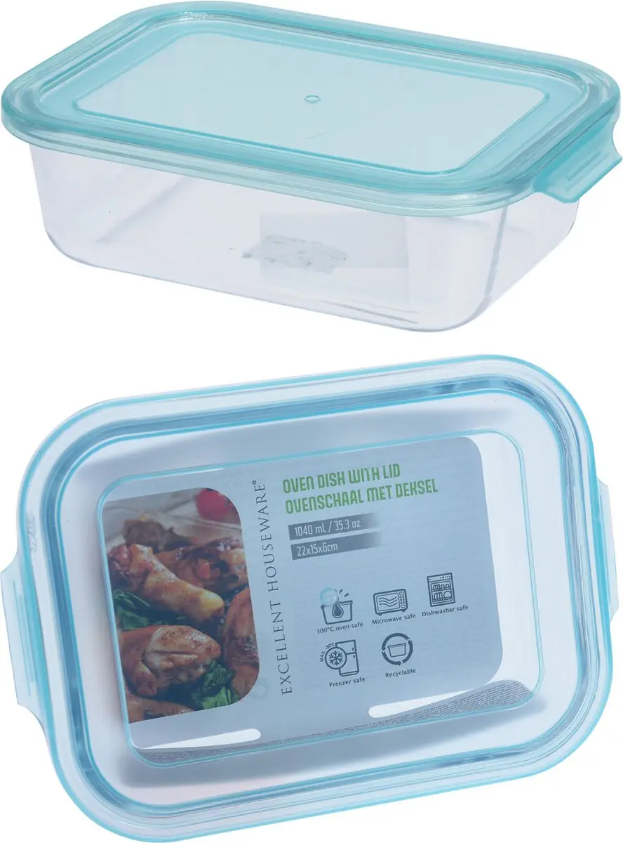 Ovenschaal bakken en vriezen met deksel 1040ml glas blauw 22x15x6cm.