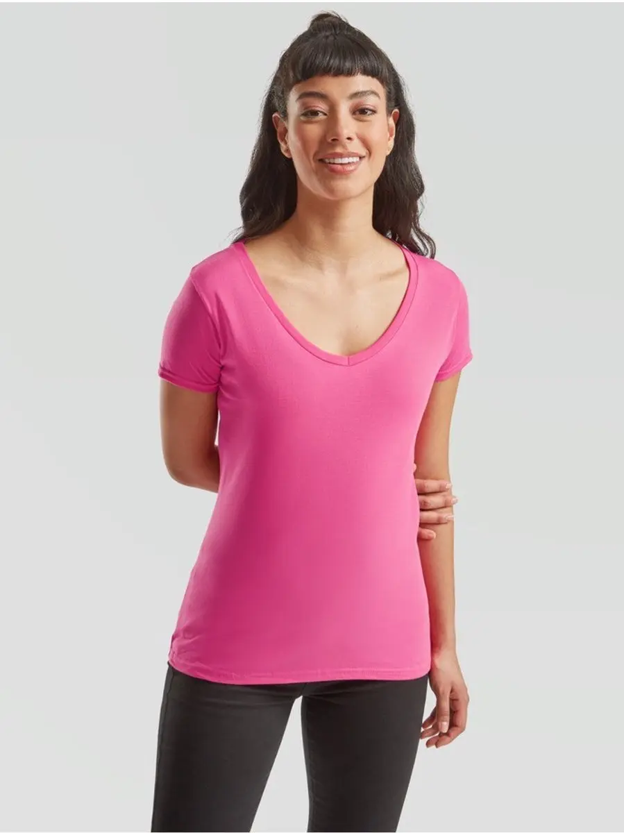 Fruit Of The Loom Dames Iconisch 150 T-shirt met V-hals Fucsia