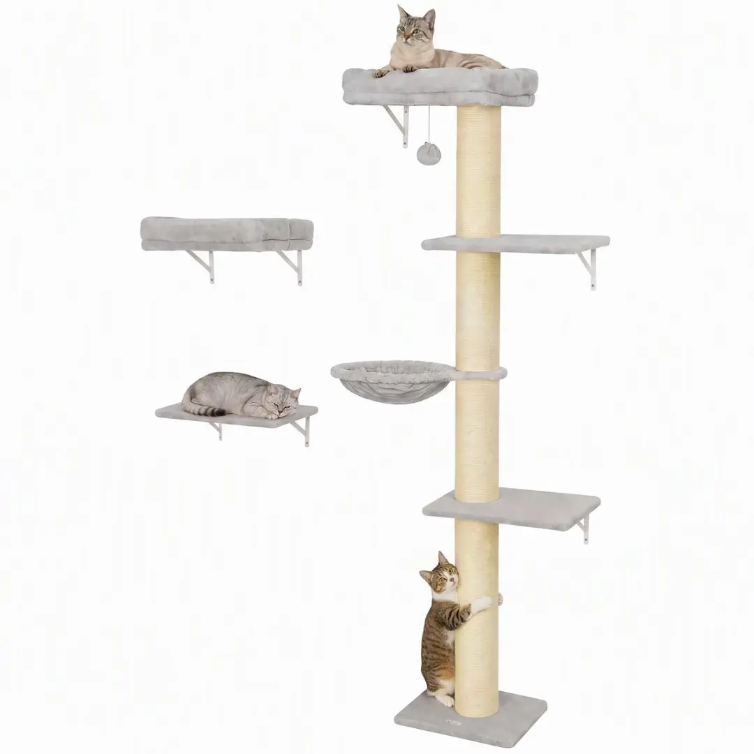 PawHut Kattenplankenset-Spaanplaat, pluche-64L x 29,5B x 178H cm-Lichtgrijs