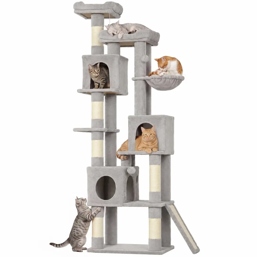 PawHut Cat Tree-Spanplatte, Plüsch-60L x 40B x 200H cm-Hellgrau