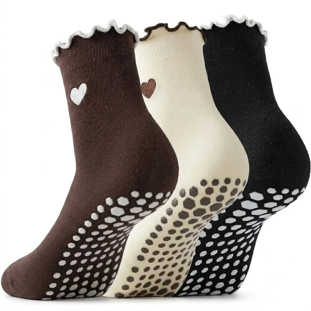 Donker antislip pilates sokken dames 3 paar ademende sokken met hartje antislip