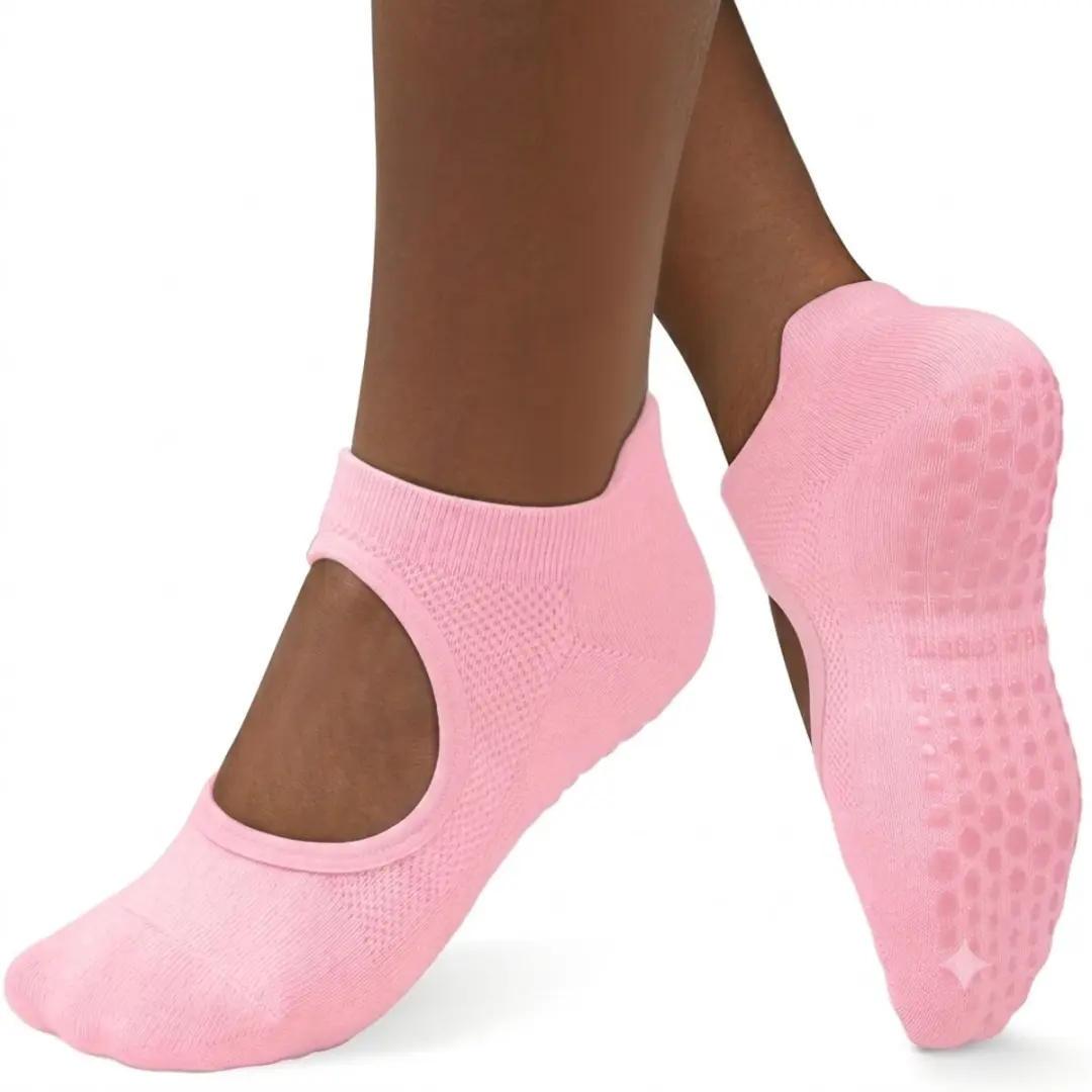 Roze antislip pilates sokken dames 2 paar ademende open wreef yoga sokken met si