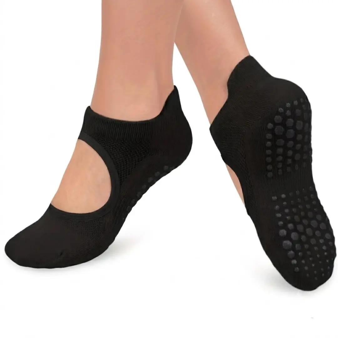 Zwart antislip pilates sokken dames 2 paar ademende open wreef yoga sokken met s