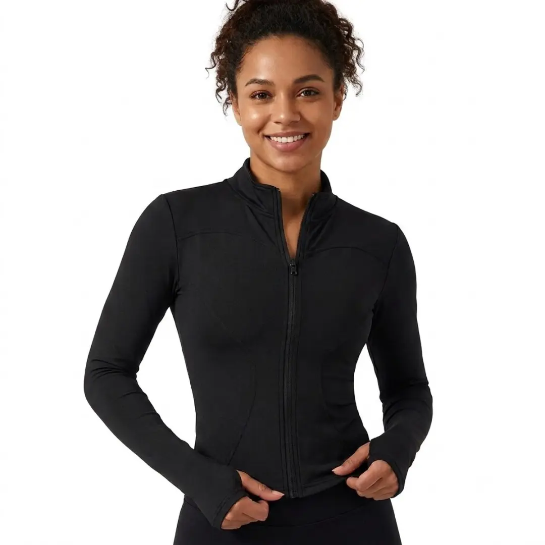 Zwarte sport jas dames slim fit volledige rits fitness jas yoga jas pilates trui