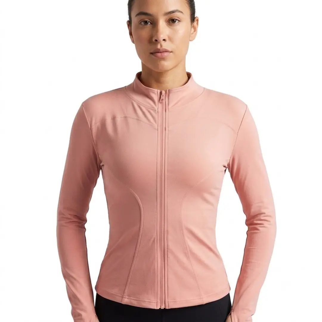 Perzikkleurige sport jas dames slim fit volledige rits fitness jas yoga jas pila