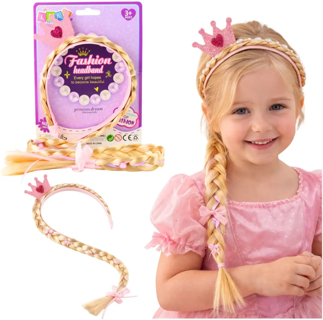 Hoofdband Met Lange Vlecht Roze Lint Diamanten Kroon 50 Cm
