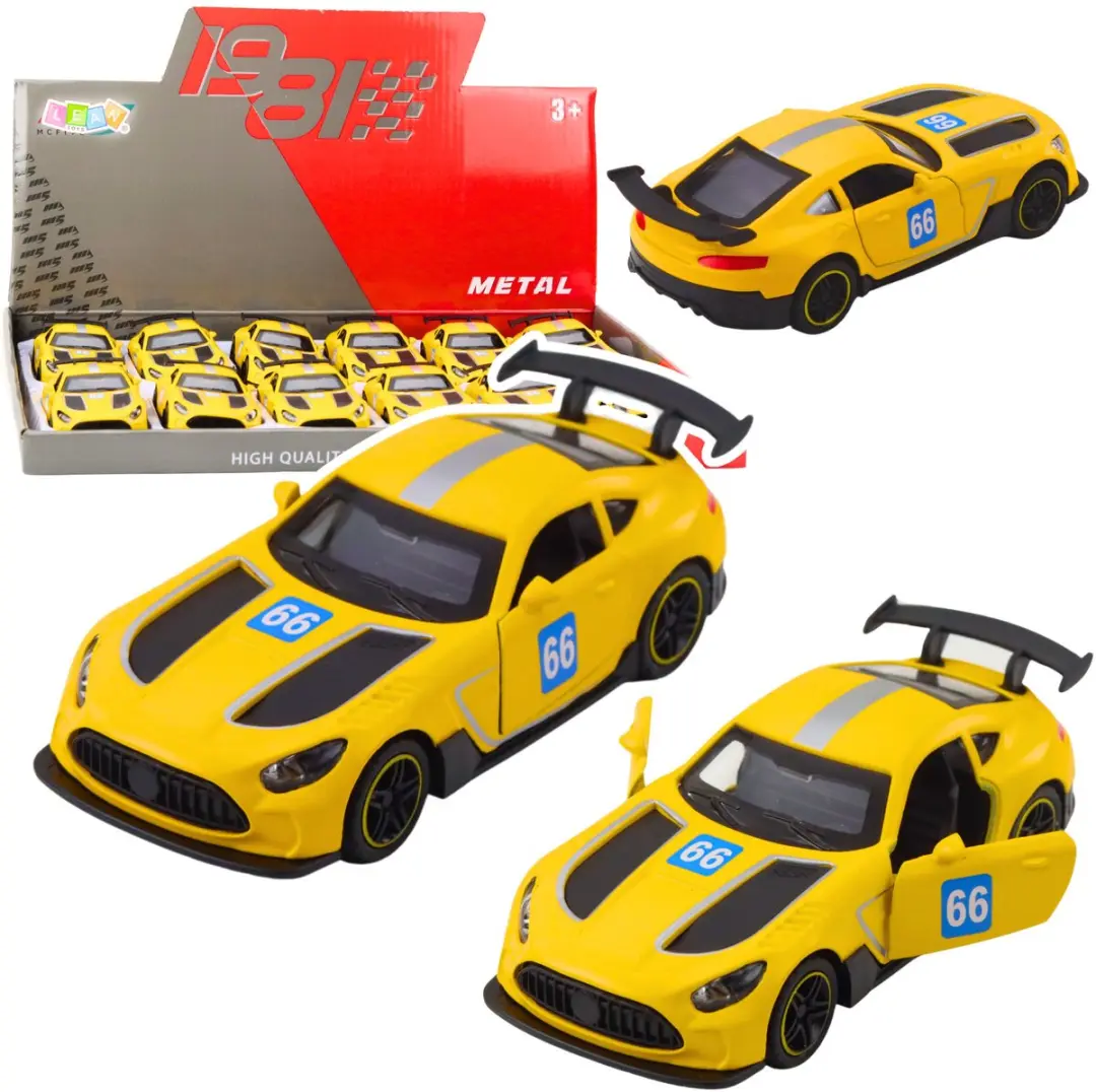 Raceauto metalen aandrijving openende deuren geel 1:43