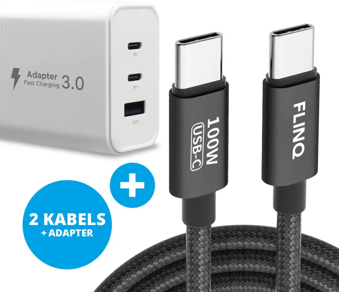 FlinQ 2x USB C naar USB C Oplaadkabels 100W + Adapter 65W