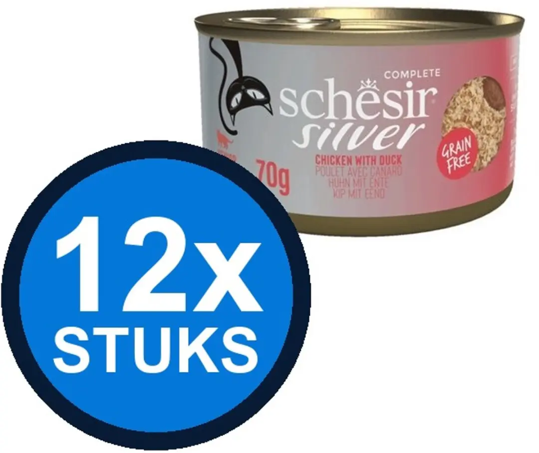 12x Schesir Silver kat senior blik bouillon kip&eend mousse&fillets 70gr