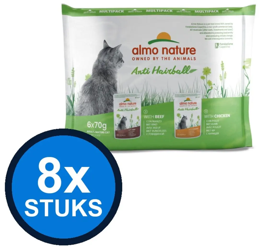 10x Almo Nature Holistic cat pouch anti-haarbal kabeljauw&kip 6x70gr