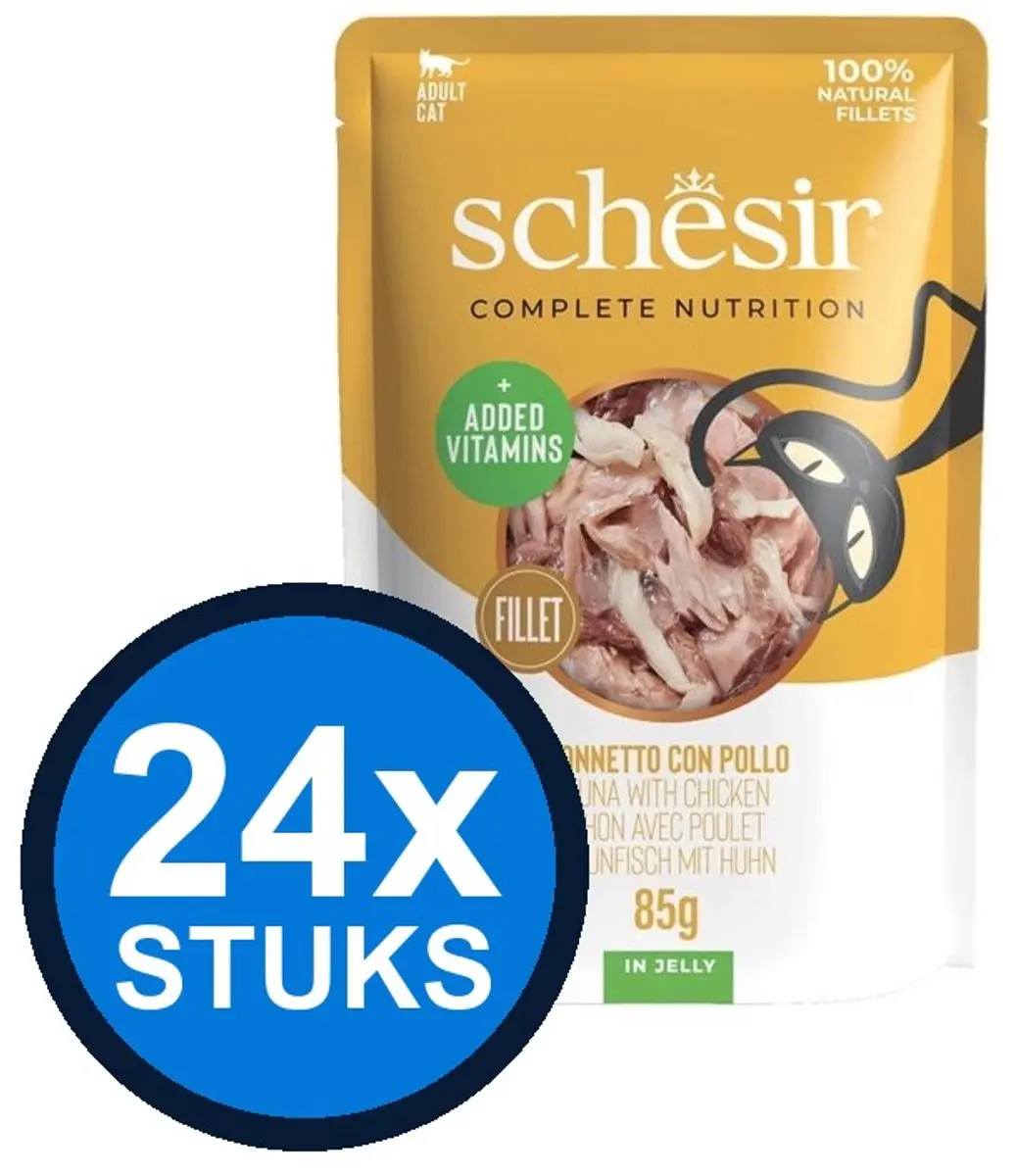 24x Schesir Complete&Balanced kat pouch gelei tonijn&kip&garnalen 85gr