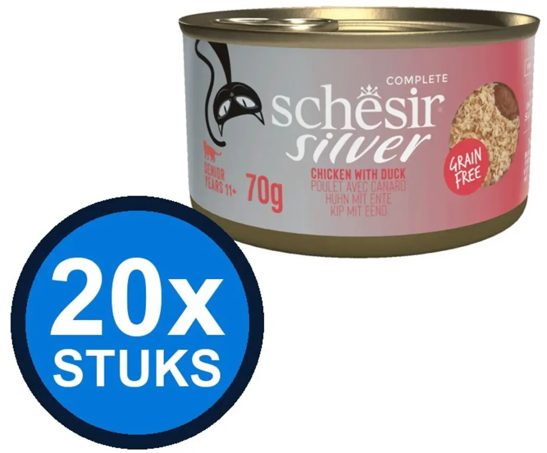 24x Schesir Silver kat senior blik bouillon kip&eend mousse&fillets 70gr