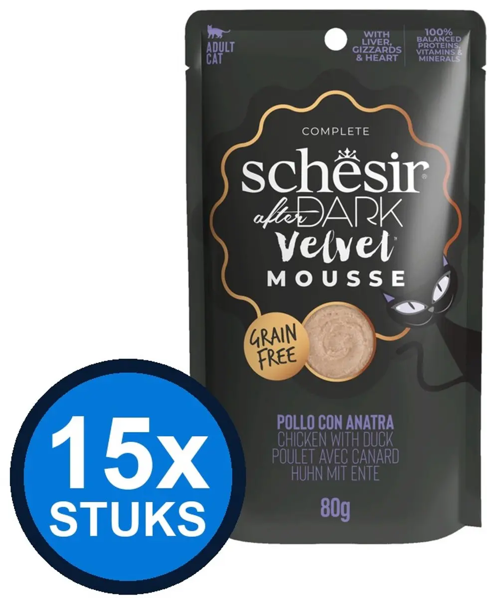12x Schesir After Dark velvet kat pouch mousse kip&eend 80gr