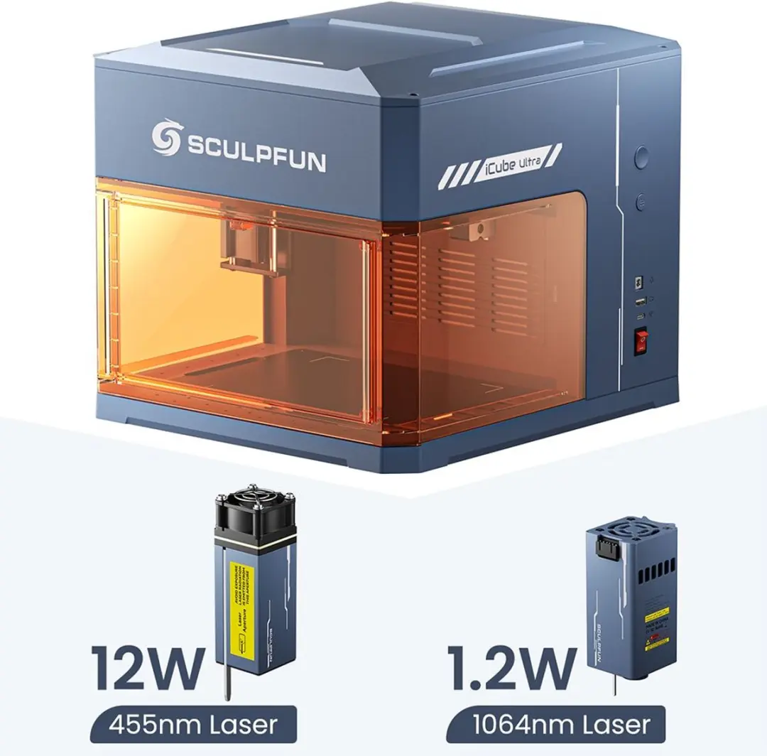 SCULPFUN iCube Ultra Dual 12W+1,2W lasergraveerder, snelheid van 10.000 mm/min,