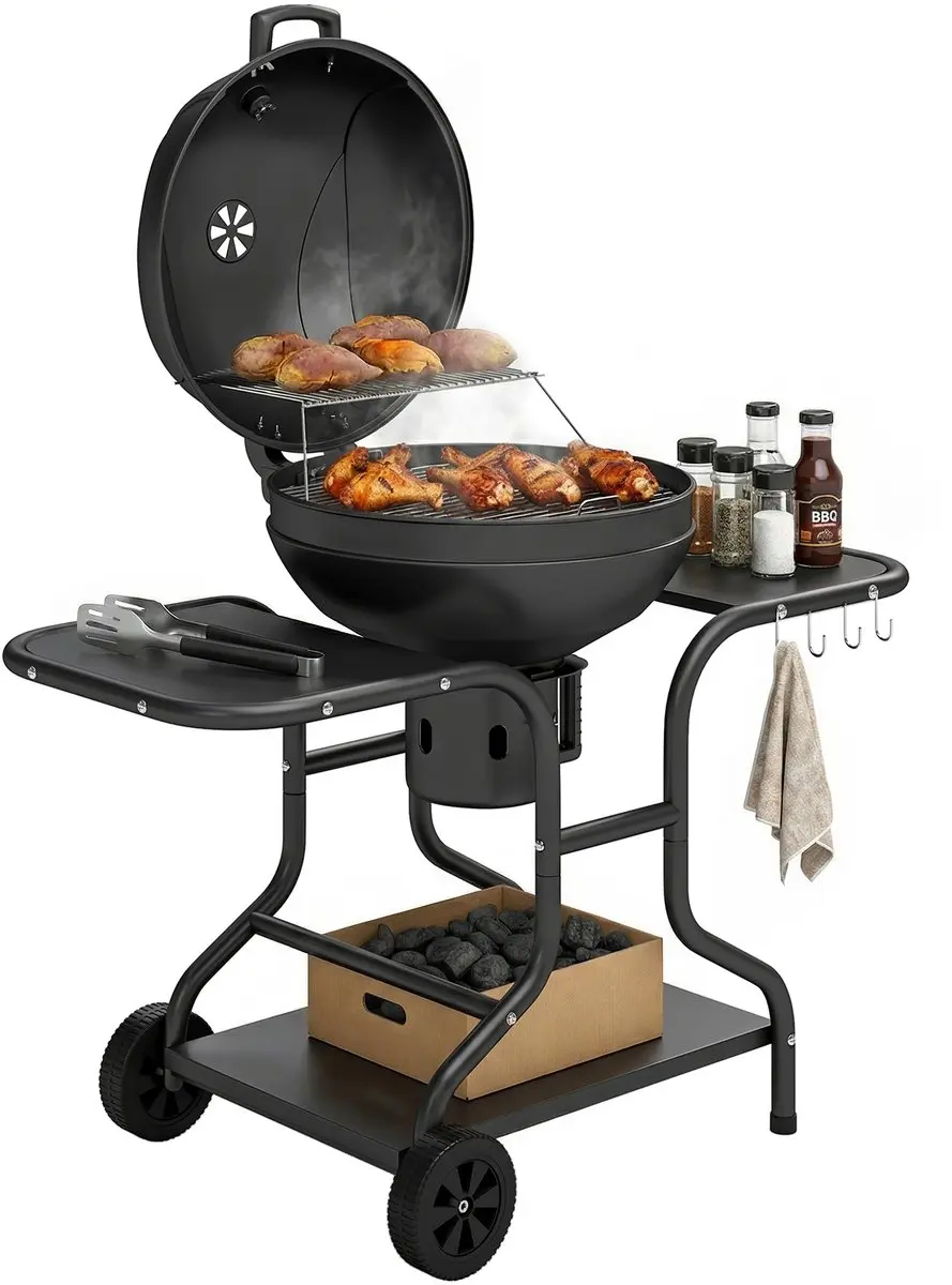 Outsunny Ronde barbecue-Metaal, Kunststof-129L x 63,5B x 106,5H cm-Zwart