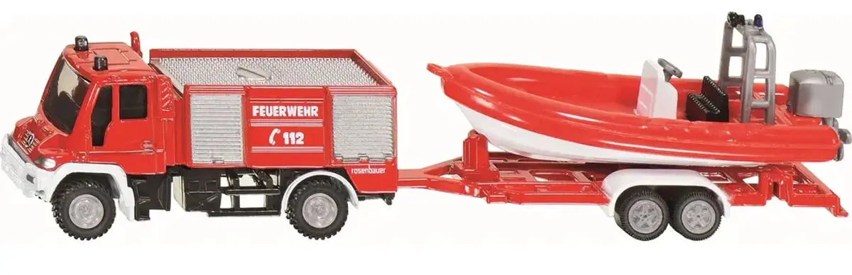 SIKU 1636 Brandweer Unimog met drijvende boot