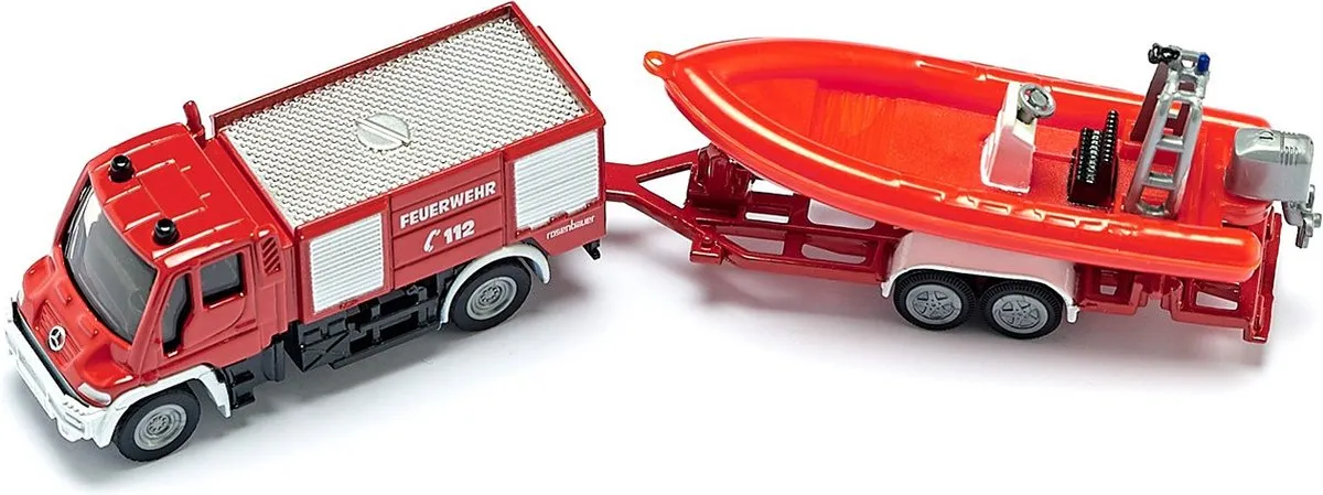 SIKU 1636 Brandweer Unimog met drijvende boot - 1:87 - Rood