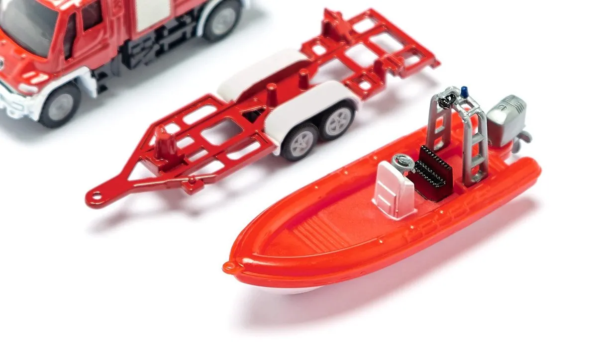 SIKU 1636 Brandweer Unimog met drijvende boot - 1:87 - Rood