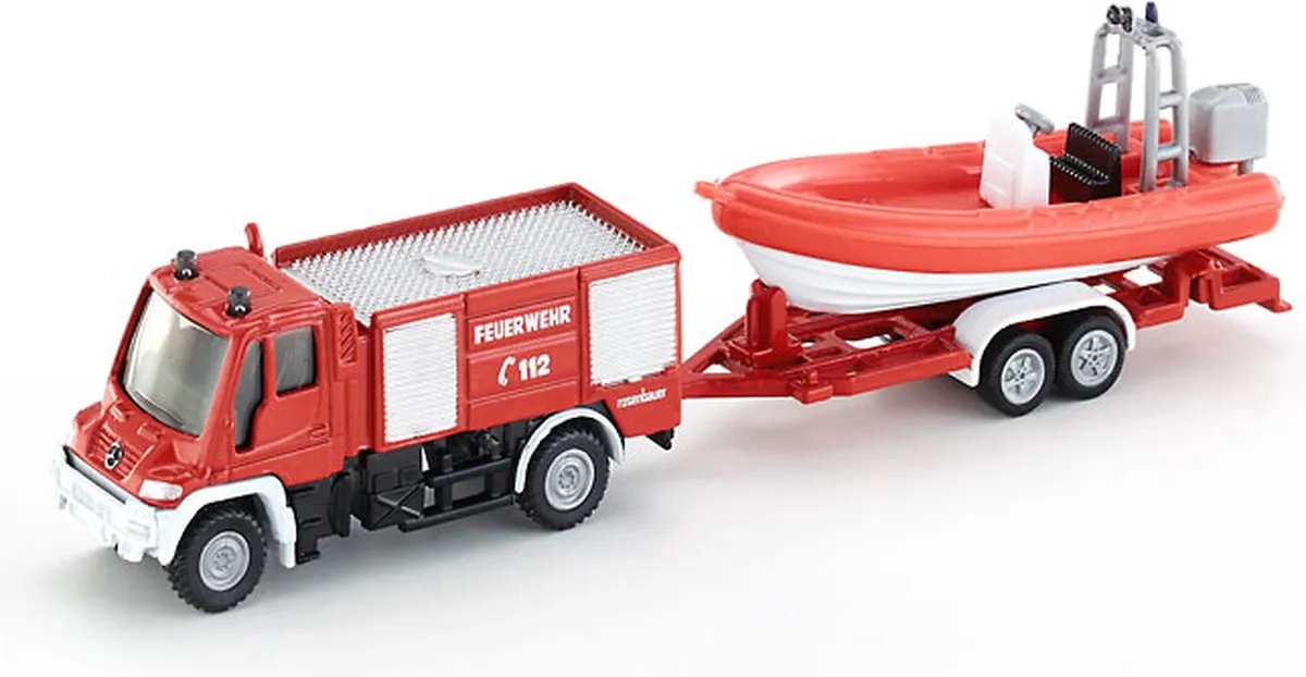 SIKU 1636 Brandweer Unimog met drijvende boot - 1:87 - Rood