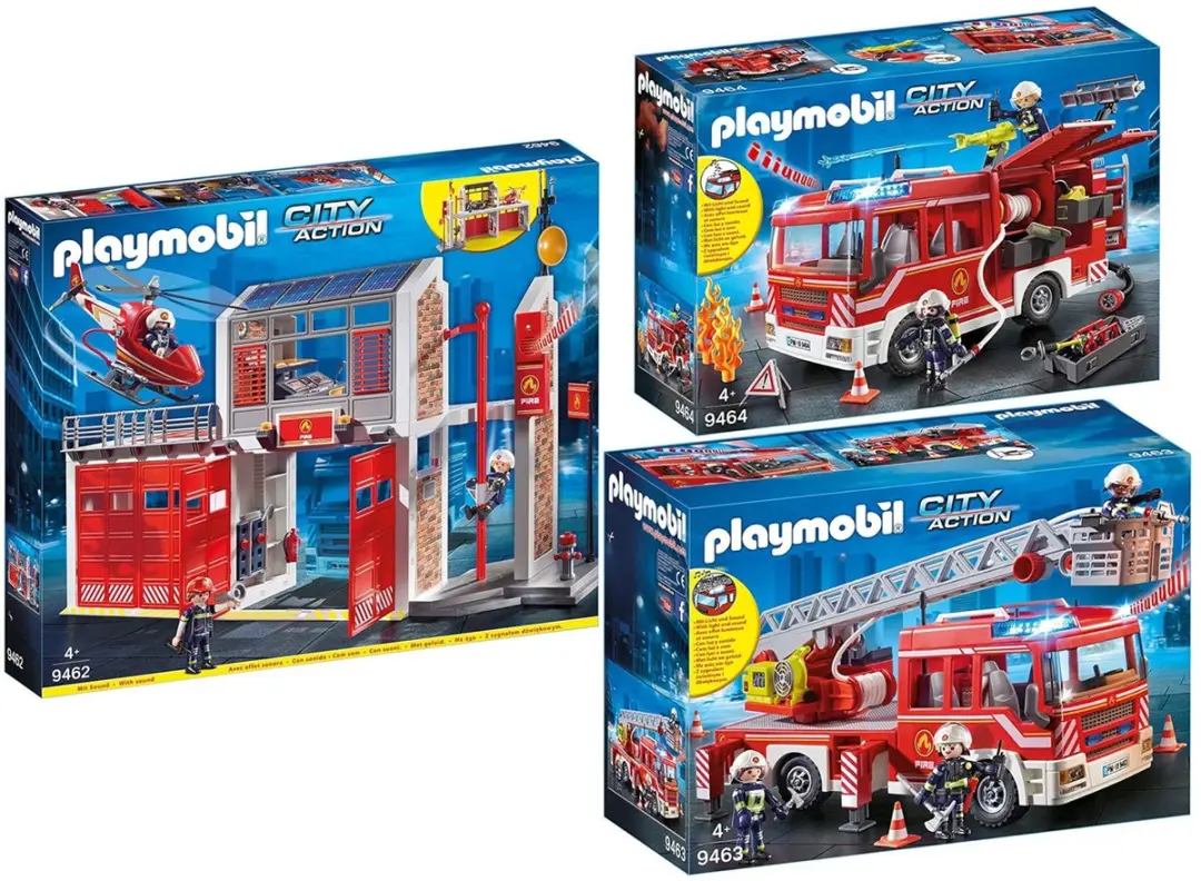 3-delig set brandweerkazerne + ladderwagen + pompwagen