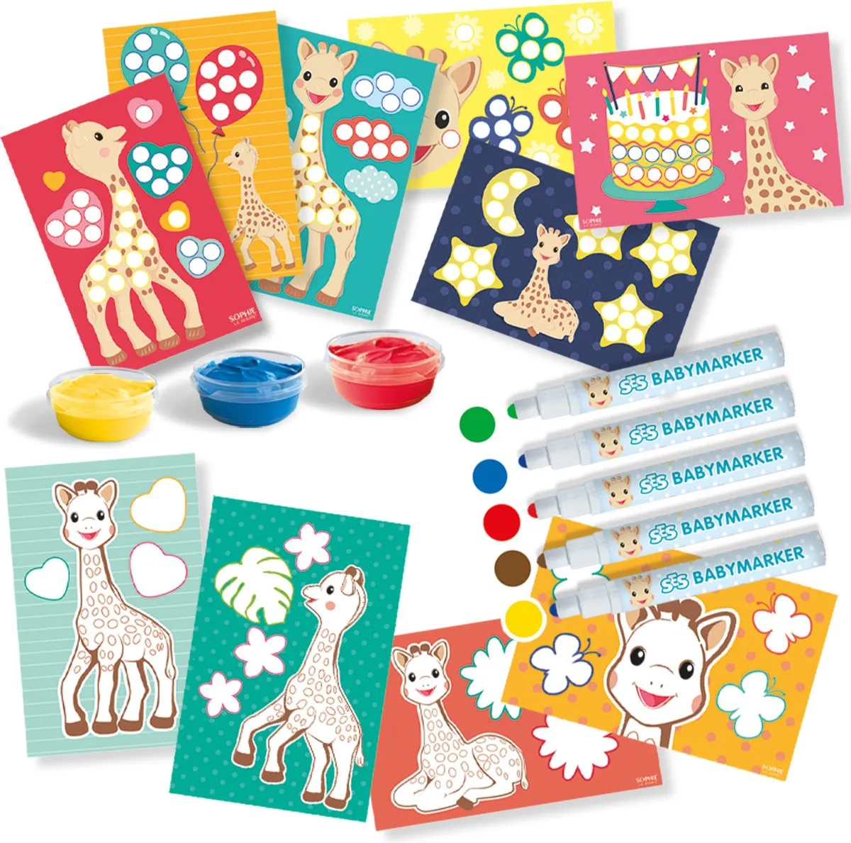 SES Creative Sophie la Girafe Kleuren en Verven Set - 3 Kleuren Vingerverf & 5 Stiften - 10 Knutselkaarten