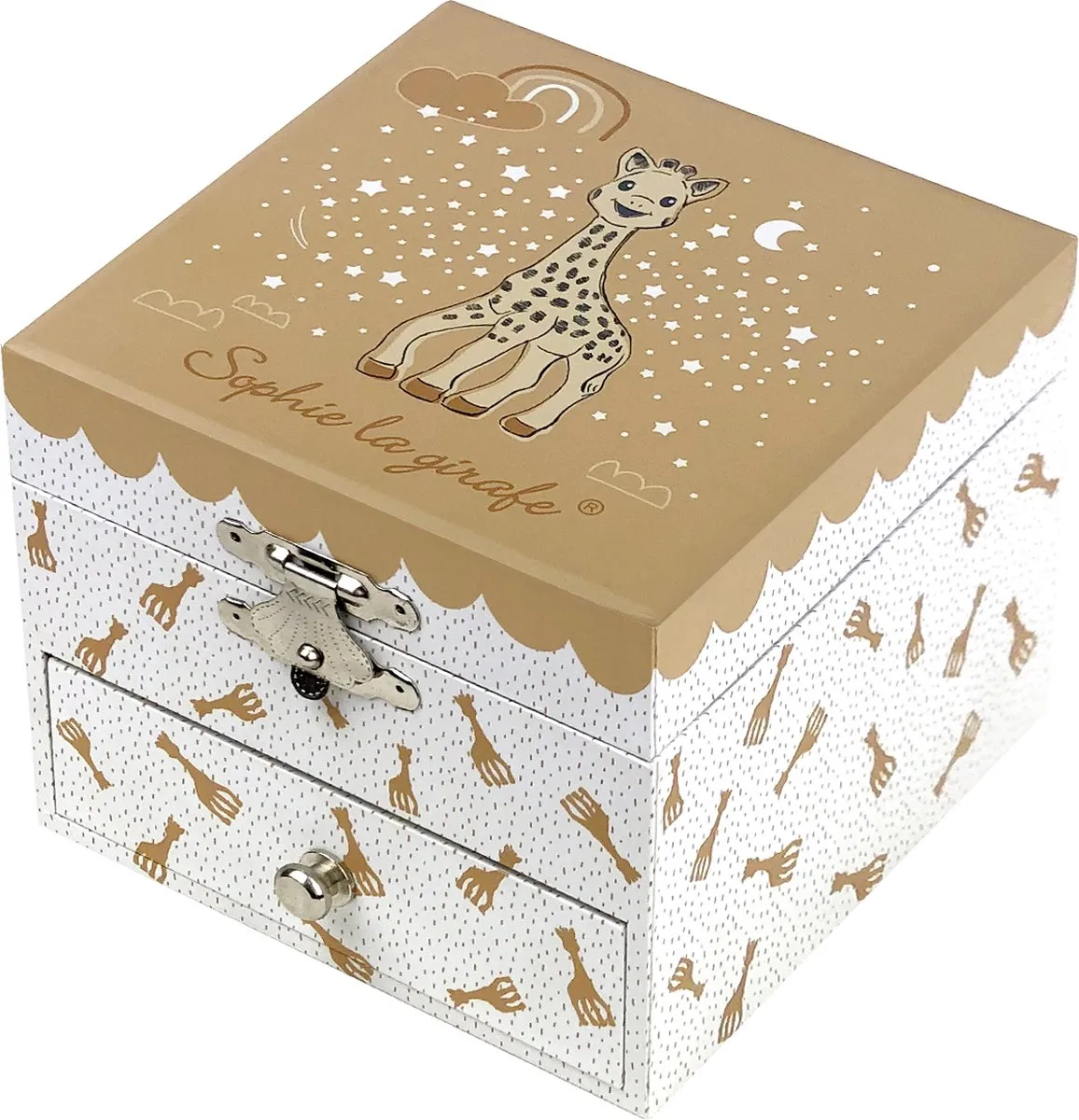 Sophie de Giraf Muziekdoosje 10,5x10,5x8,5cm - Wit/Bruin