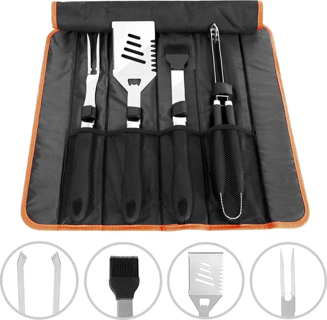 Deuba BBQ Bestekset 4-delig RVS - Zwart/Zilver/Oranje - afbeelding 6 van 6