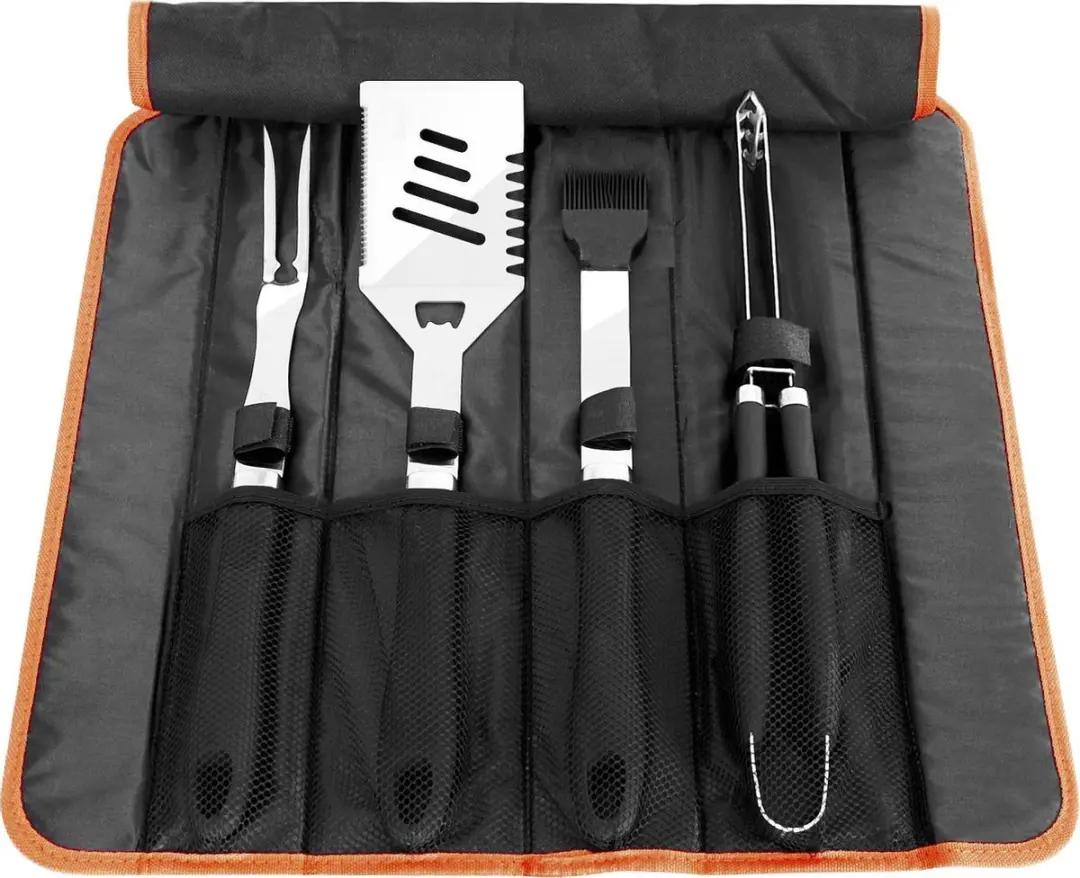 Deuba BBQ Bestekset 4-delig RVS - Zwart/Zilver/Oranje - afbeelding 2 van 6