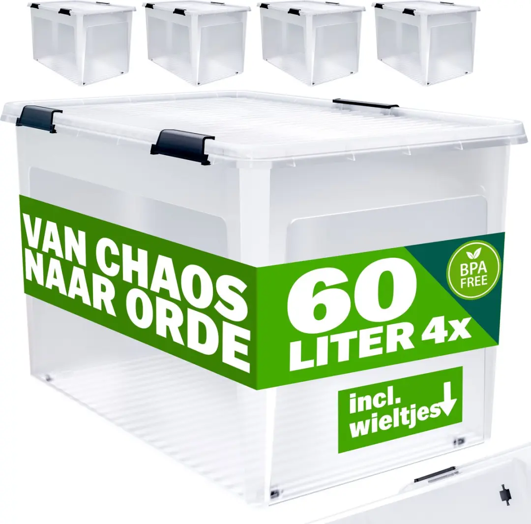 Deuba Opbergbox Set 4x Kunststof 60L 58x39x35cm Transparant