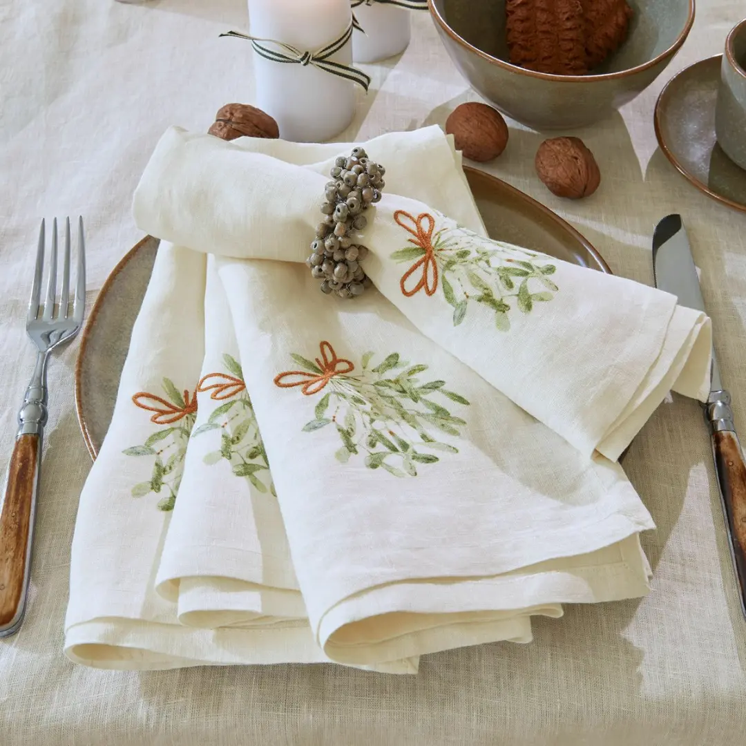Loberon Servetset Mistletoe - 4 Stuks Wit/Groen